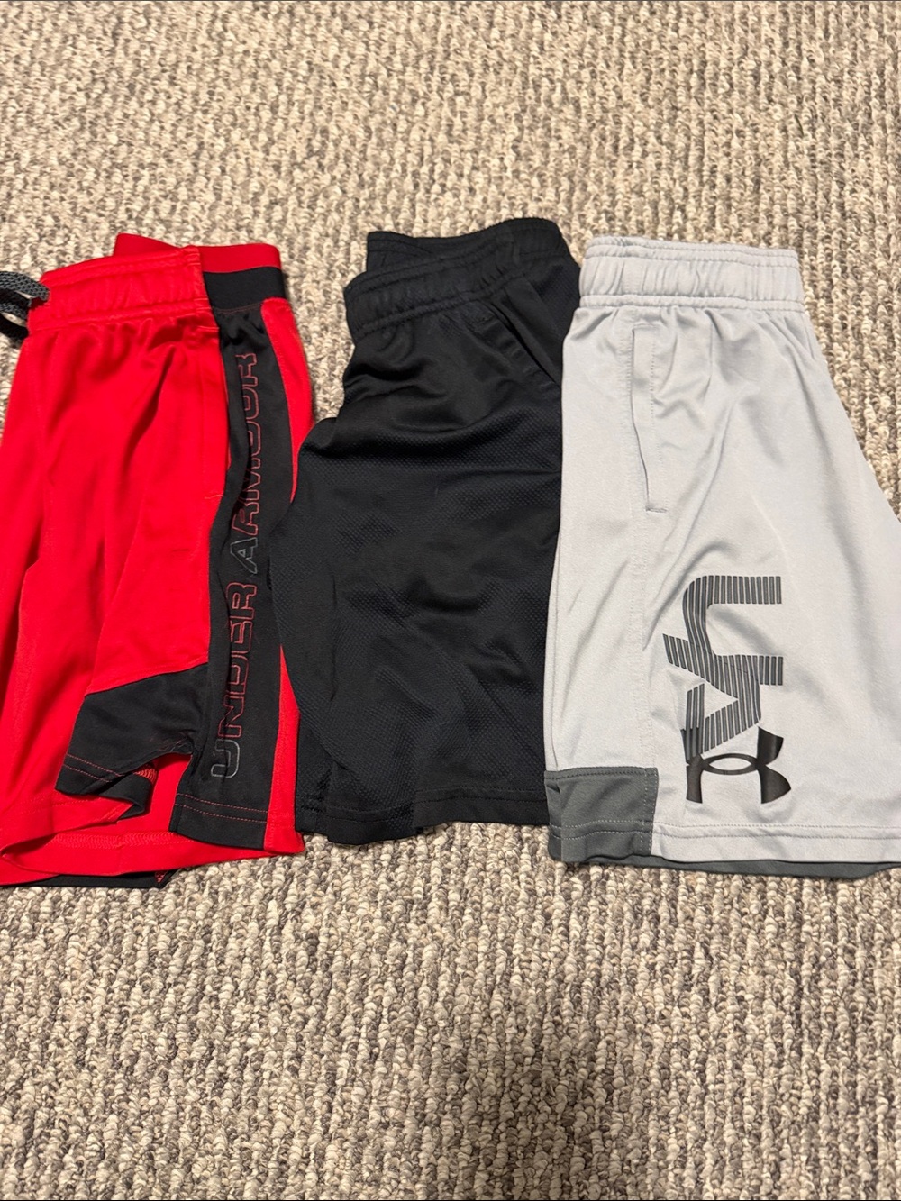 Under Armour Kids Athletic Shorts Trio — Red, Black, Gray
